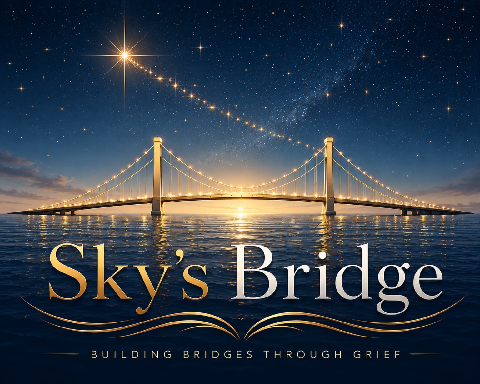 Skysbridge logo showing a golden bridge, stars and water